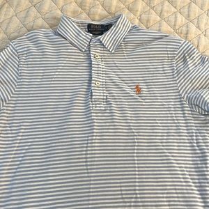 Blue and white striped featherweight mesh polo
